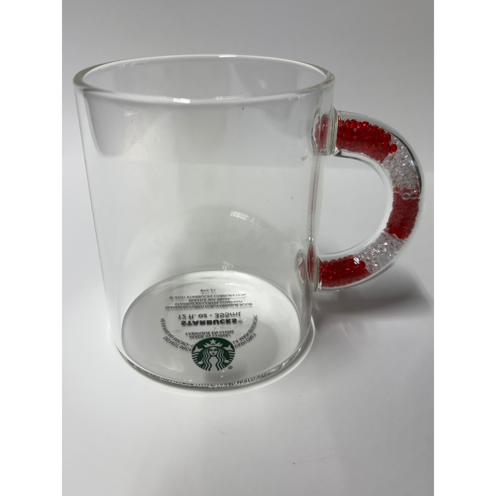 Starbucks 2021 Holiday Glass Mug 12oz Red Clear Crystal Bead Handle Siren Logo